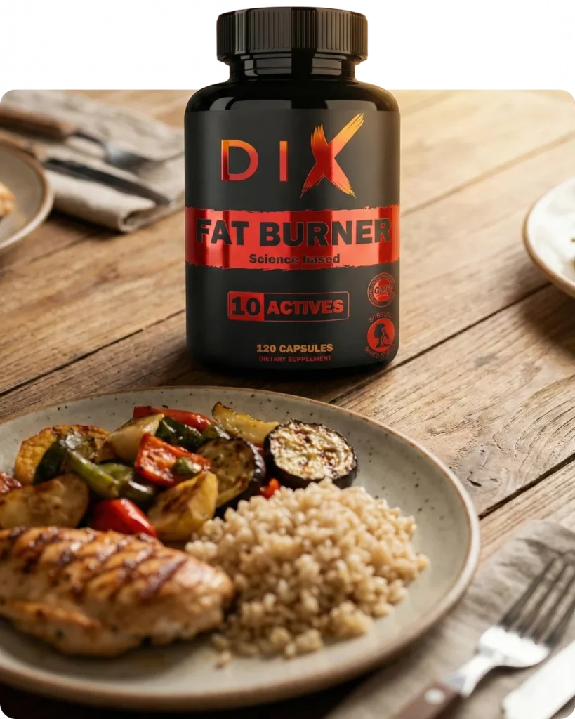 Bouteille de DIX Fat Burner avec un repas santé à base de poulet, légumes et quinoa.