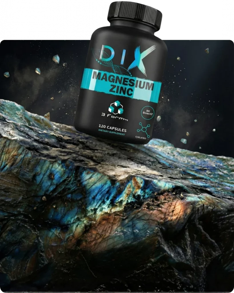Complément alimentaire DIX Magnesium Zinc en capsules, sur un fond texture minérale.