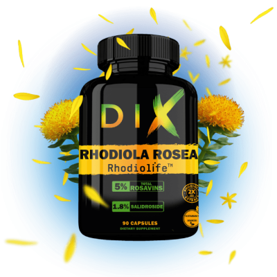 Flacon de compléments alimentaires DIX Rhodiola Rosea™ avec capsules et fleurs sur fond coloré.