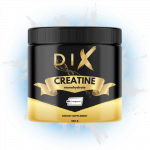 Pot de créatine monohydrate DIX de 300 g avec étiquettes dorées sur fond bleu éclaboussé.