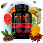 Flacon de complément alimentaire DIX Fat Burner, 120 capsules, avec ingrédients naturels en arrière-plan.