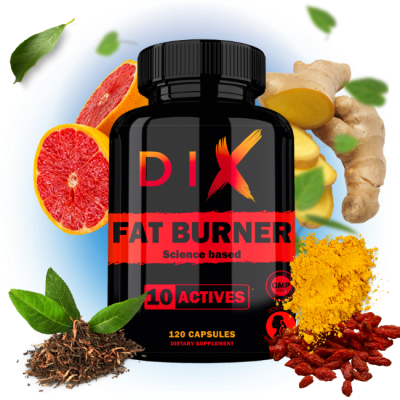 Flacon de complément alimentaire DIX Fat Burner, 120 capsules, avec ingrédients naturels en arrière-plan.