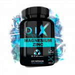 Flacon de 120 capsules de magnésium et zinc de la marque DIX, sur fond coloré illustrant les éléments.