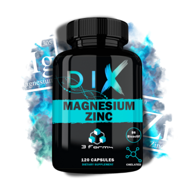Flacon de 120 capsules de magnésium et zinc de la marque DIX, sur fond coloré illustrant les éléments.