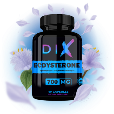 Flacon de 90 capsules d'Ecdystérone DIX, supplément diététique de 700 mg sur fond floral.