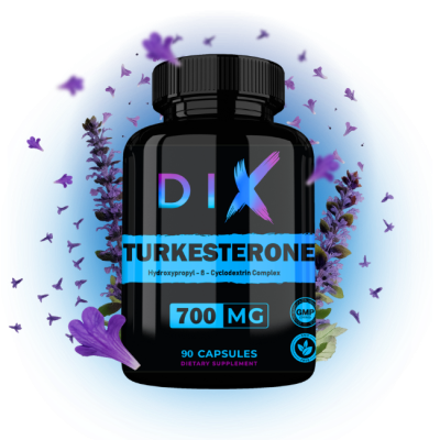 Flacon de capsules DIX Turkesterone, 700 mg, 90 capsules, compléments alimentaires sur fond floral.