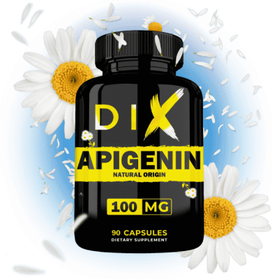 Flacon de 90 capsules de DIX Apigenin, complément alimentaire à base de camomille, sur fond bleu avec des fleurs.