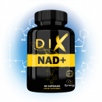 Flacon de compléments DIX NAD+, 90 capsules, sur fond scientifique bleu.
