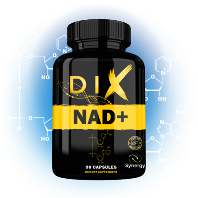 Flacon de compléments DIX NAD+, 90 capsules, sur fond scientifique bleu.