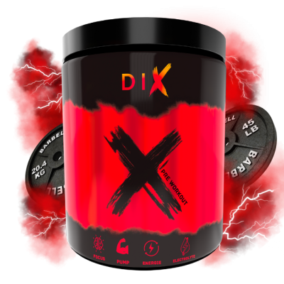 Pot de pré-entraînement DIX avec fond rouge, poids de gym, symbolisant énergie et concentration.