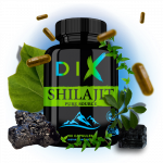 Flacon de capsules DIX Shilajit sur fond bleu avec feuilles et morceaux de résine.