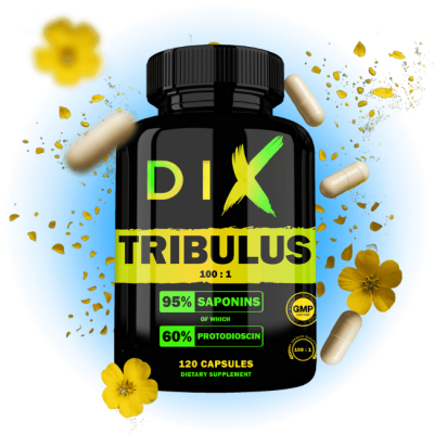 Flacon de capsules Tribulus DIX, 120 unités, contenant 95% de saponines et 60% de protodioscine sur fond coloré.