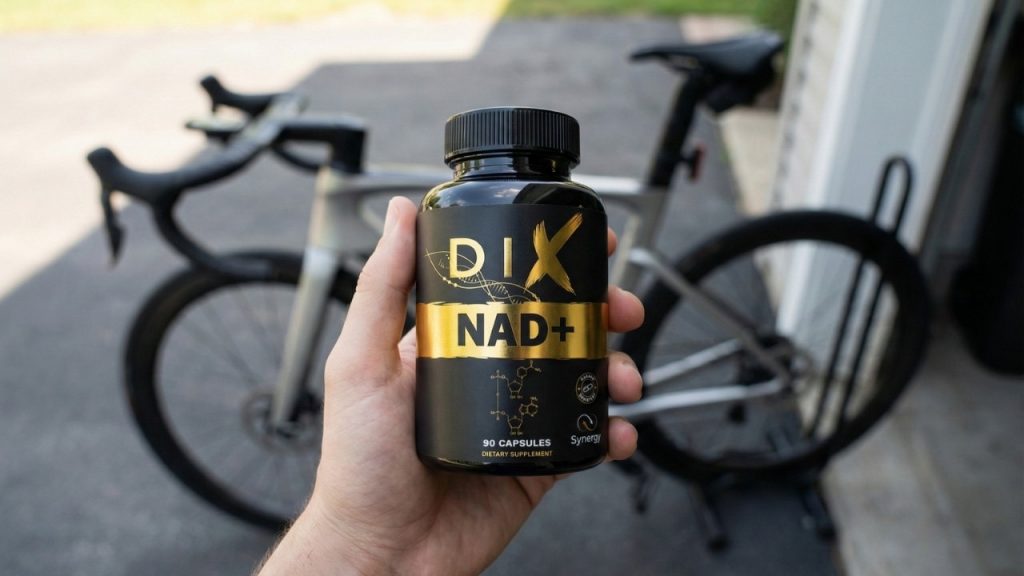 Bouteille de compléments DIX NAD+ tenue à la main, avec un vélo flou en arrière-plan.
