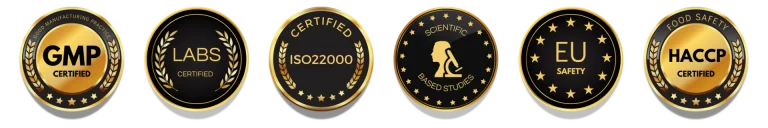Certifications de qualité pour les compléments alimentaires DIX, incluant GMP, HACCP et ISO 22000.