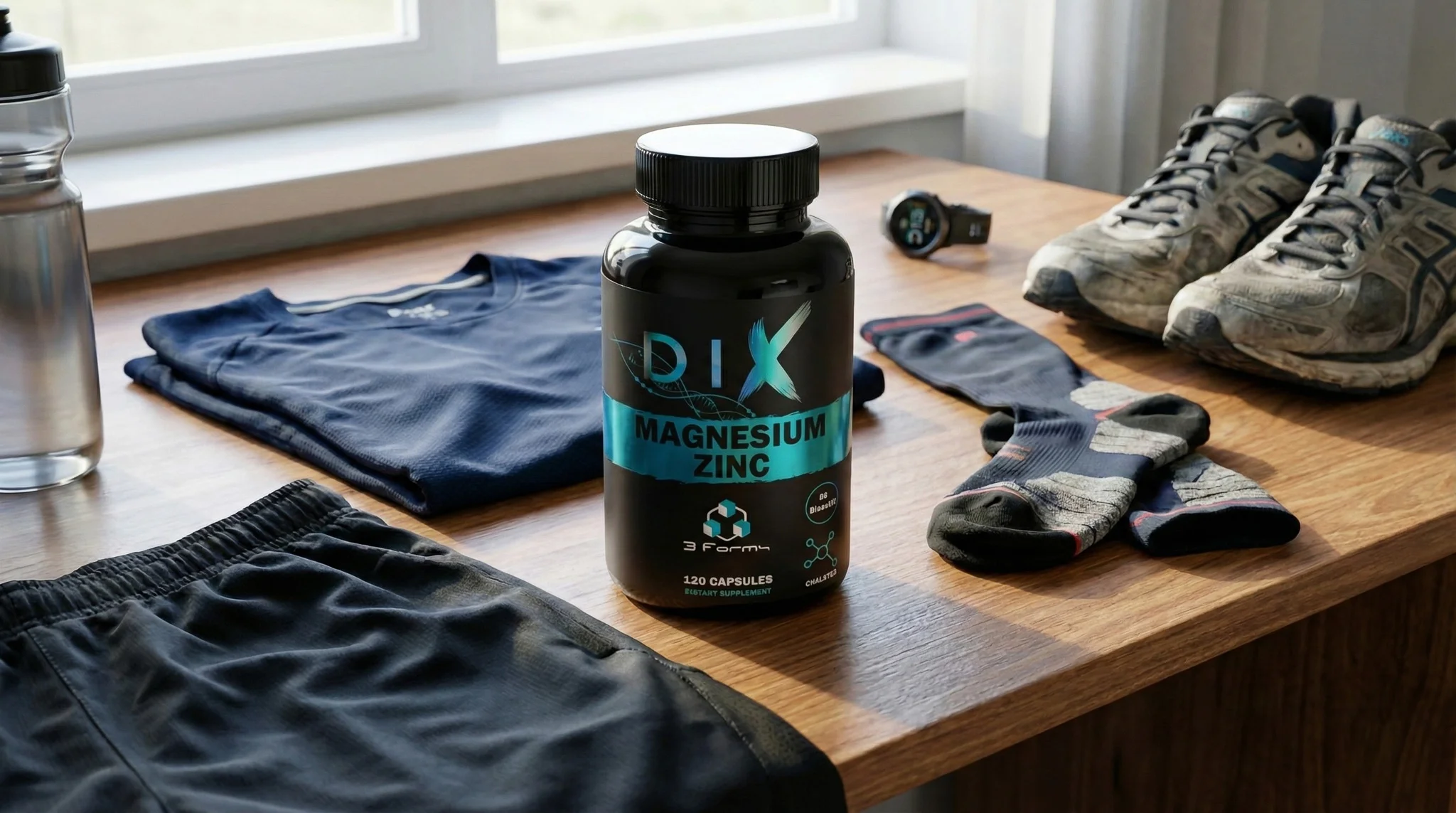 Bouteille de compléments DIX Magnesium Zinc sur une table avec vêtements de sport et accessoires.