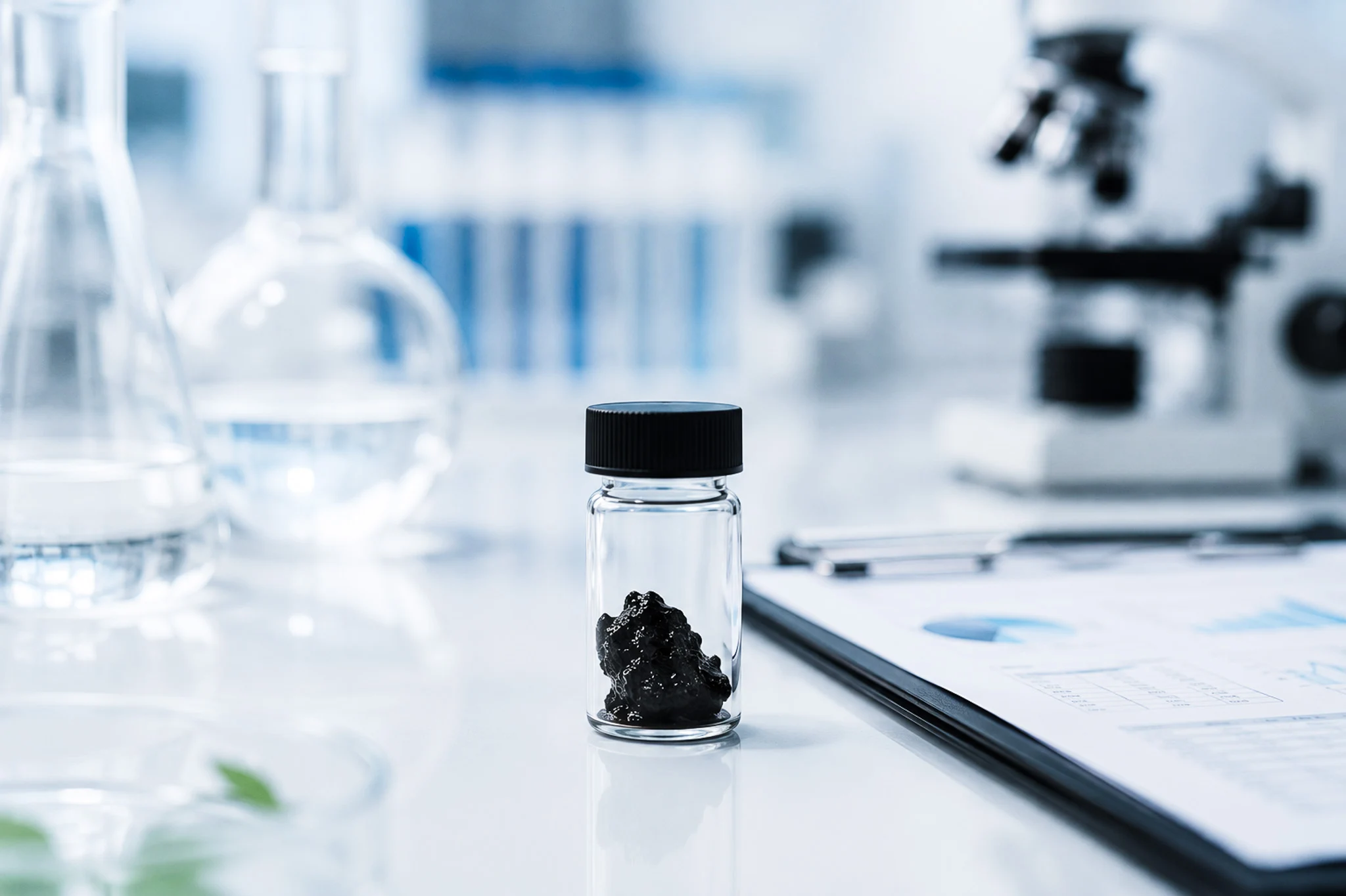 Flacon de shilajit sur un bureau de laboratoire, mettant en évidence les dangers associés au produit DIX.