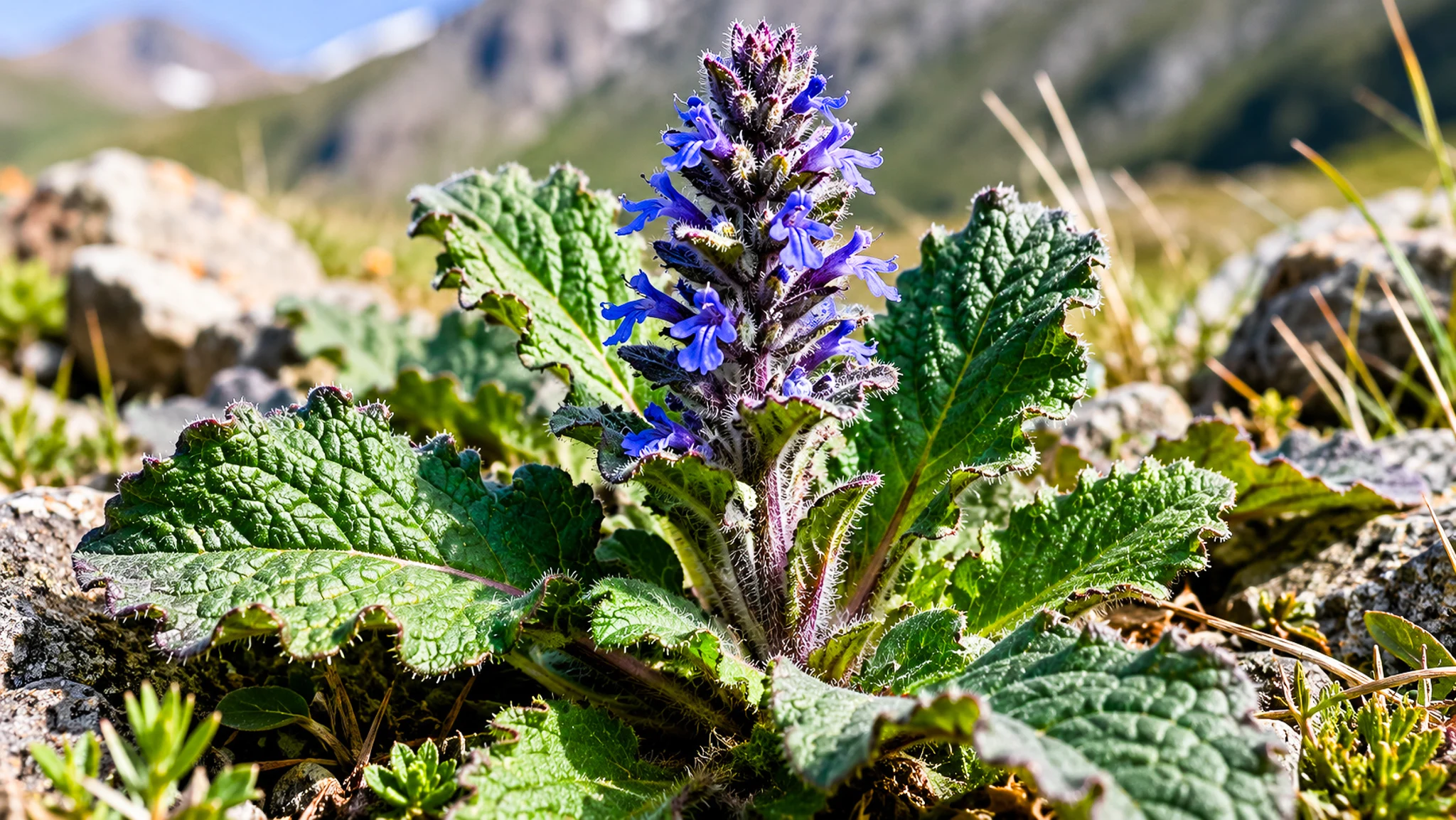 Plante de turkestérone (Ajuga turkestanica) avec fleurs violettes, source naturelle de l'extrait DIX.