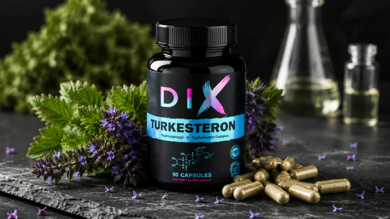 Flacon de capsules DIX Turkesteron sur fond noir, entouré de plantes et d'huiles, mettant en avant le complément aliment...