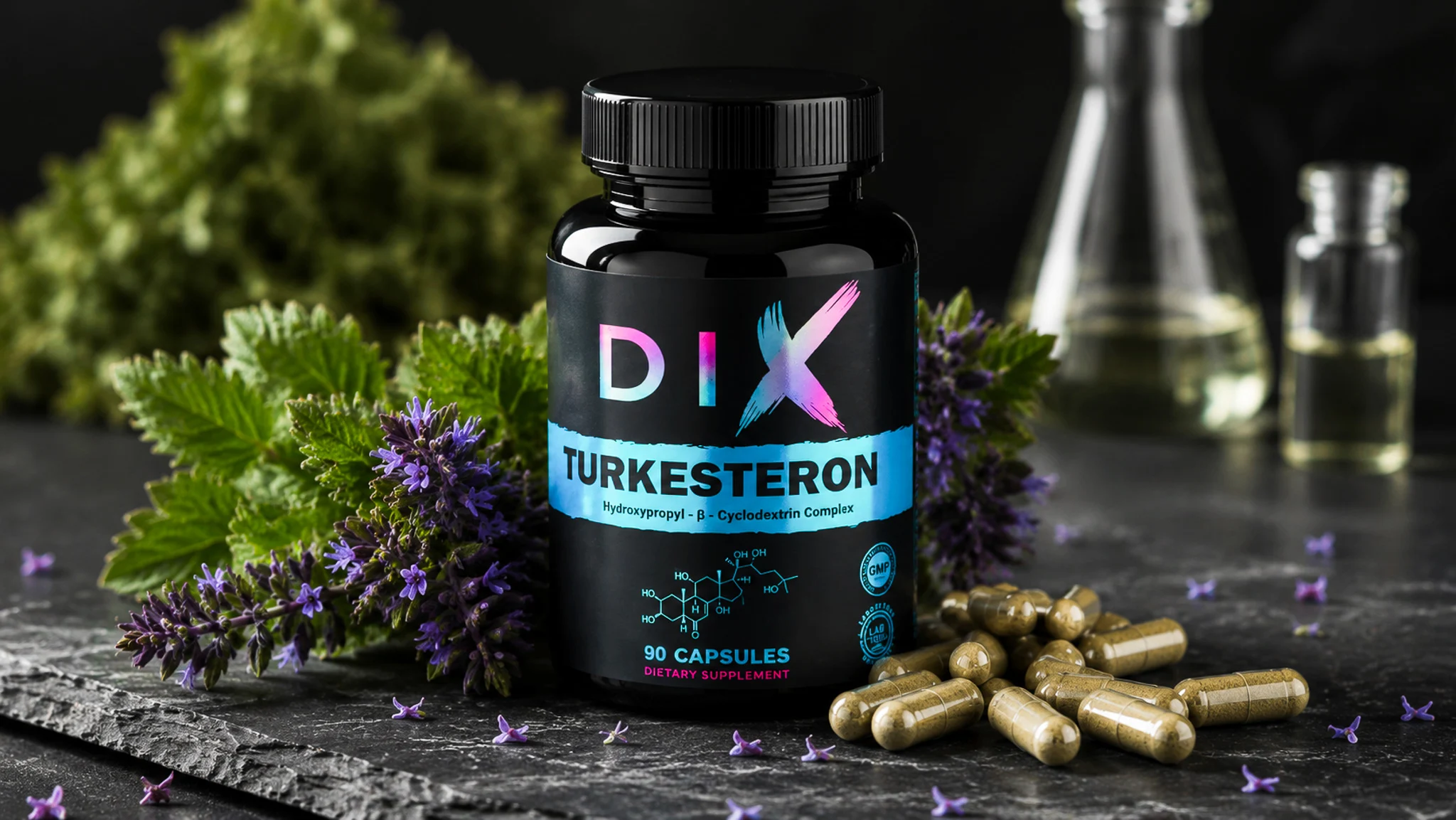 Flacon de capsules DIX Turkesteron sur fond noir, entouré de plantes et d'huiles, mettant en avant le complément aliment...