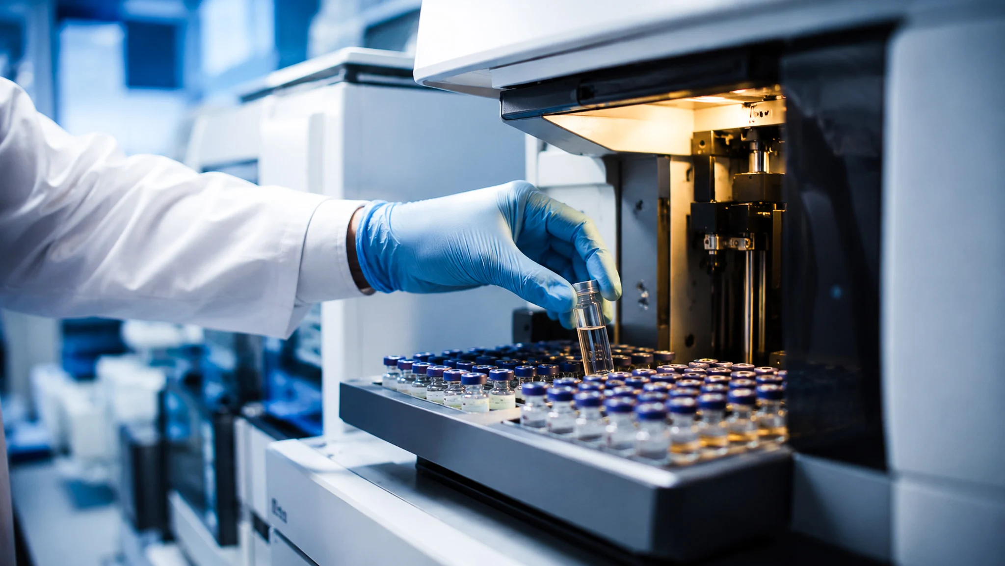 Technicien de laboratoire indépendant analysant des échantillons de turkestérone par HPLC.
