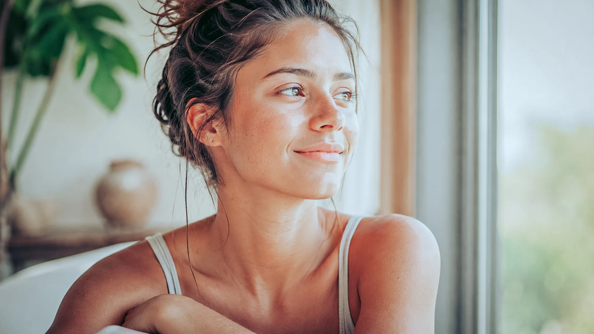 Femme souriante près d'une fenêtre, suggérant bien-être avec les compléments en magnésium et zinc.