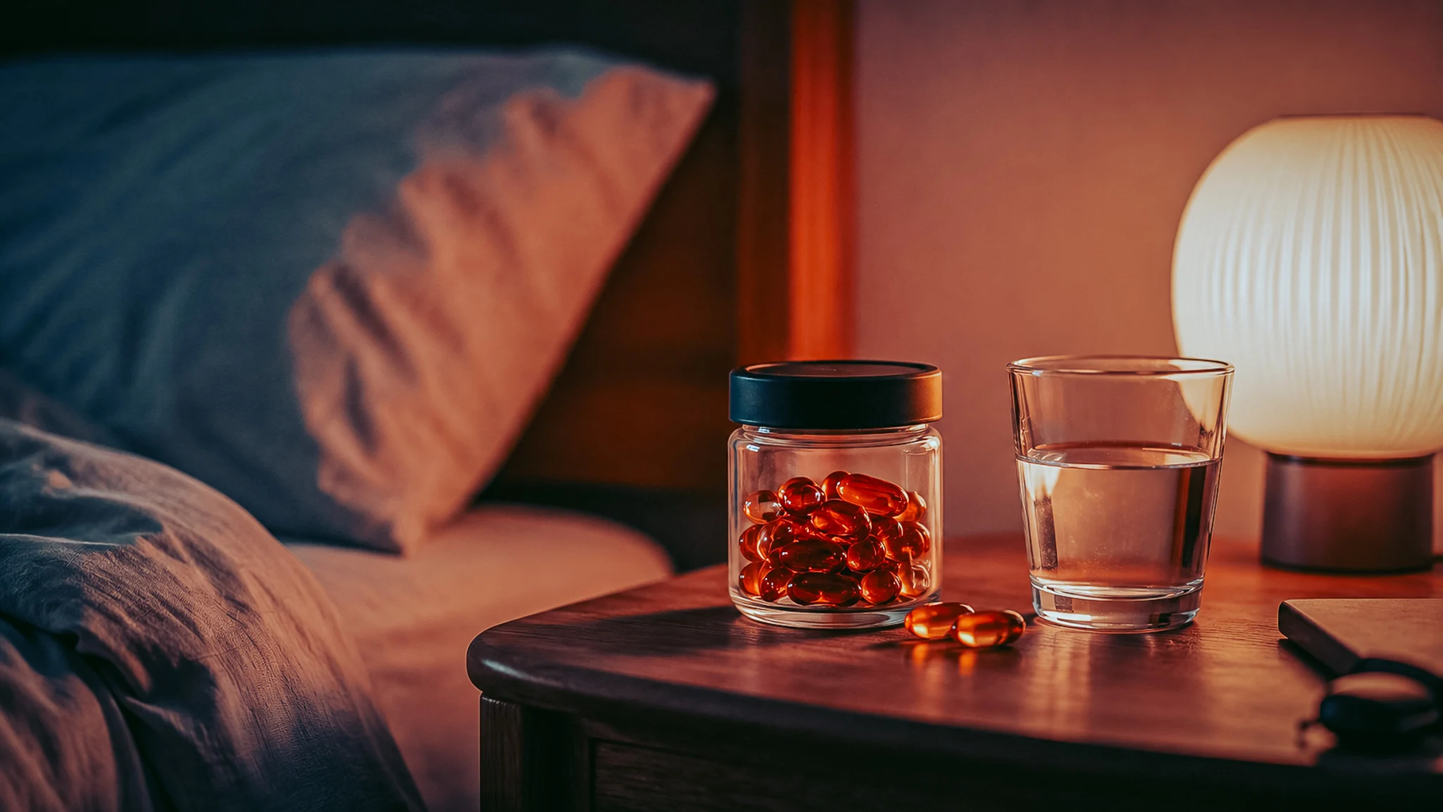 Complément alimentaire avec magnésium et zinc, verre d'eau sur une table de nuit.
