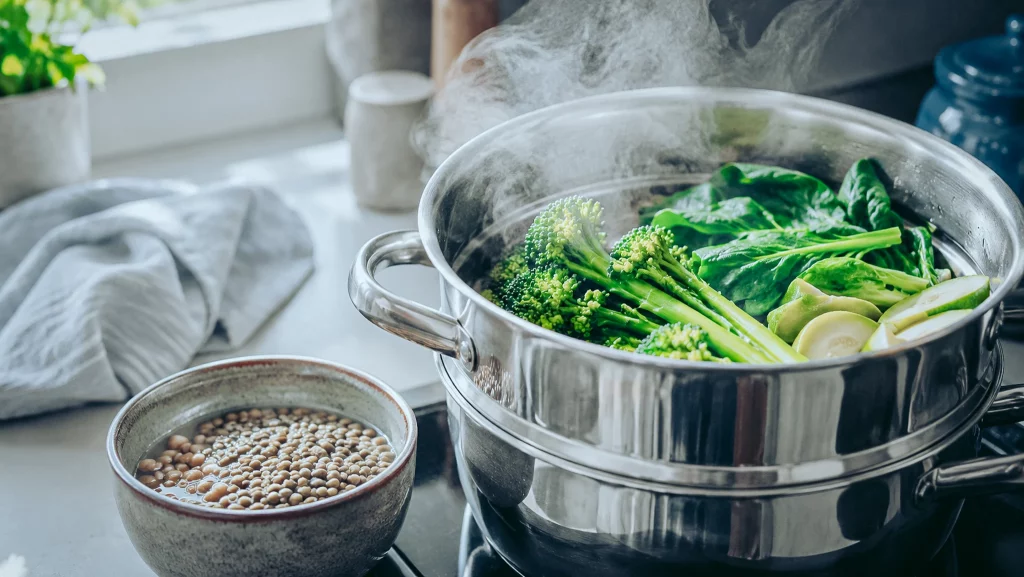 Légumes verts cuits à la vapeur pour préserver le magnésium