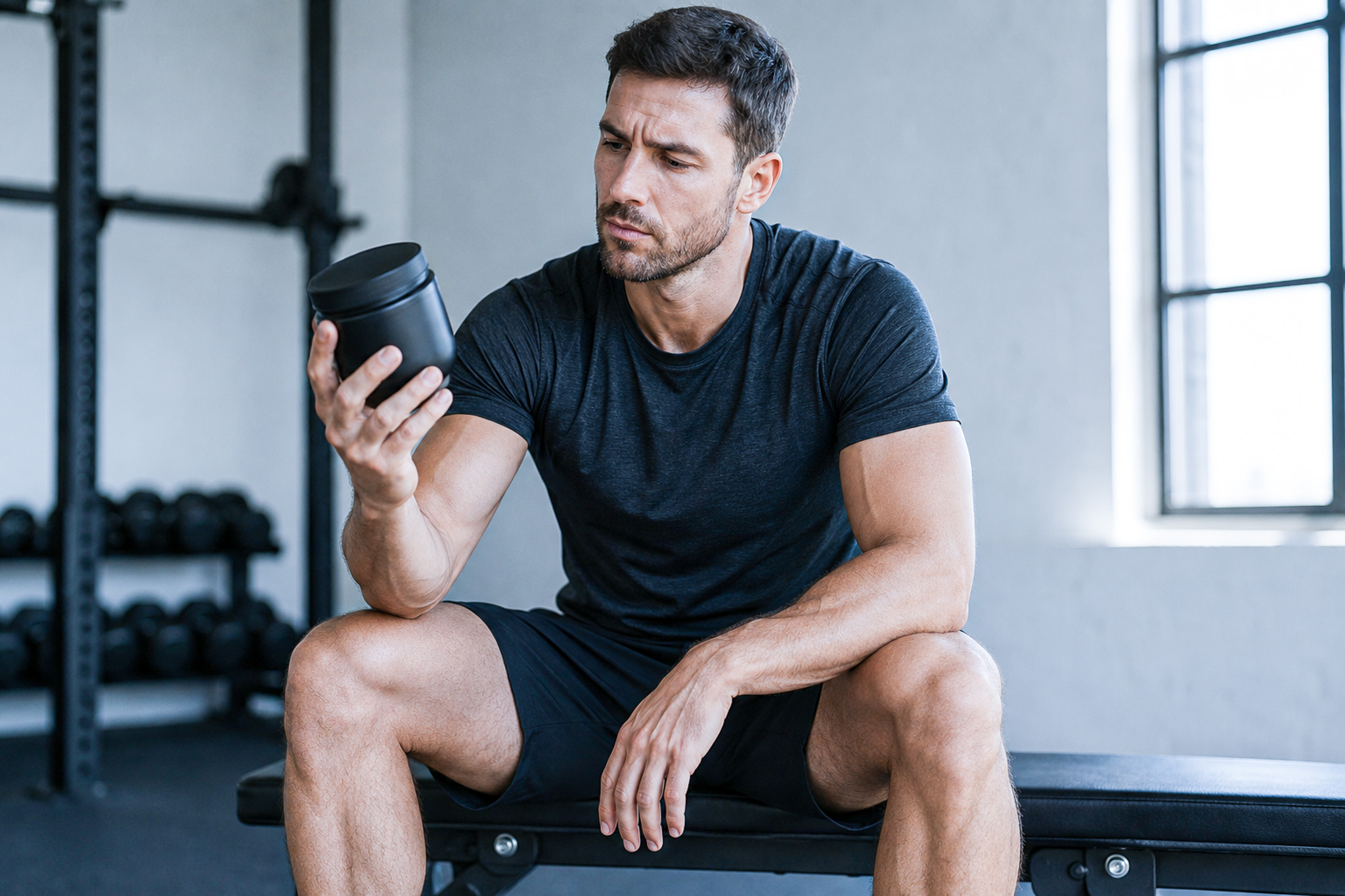 Sportif naturel sceptique tenant un pot de complément anabolisant