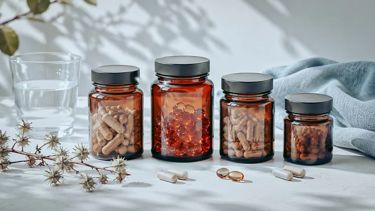 Quatre pots de complements alignes avec un verre d'eau et un brin de Tribulus seche