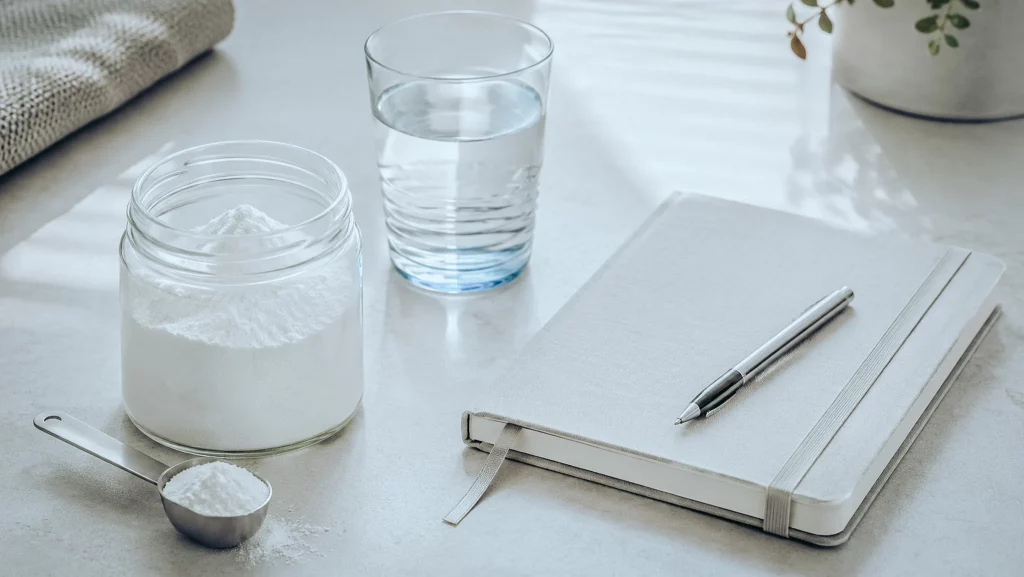 Créatine et sécurité : pot, verre d'eau et carnet pour examiner ce que disent les études