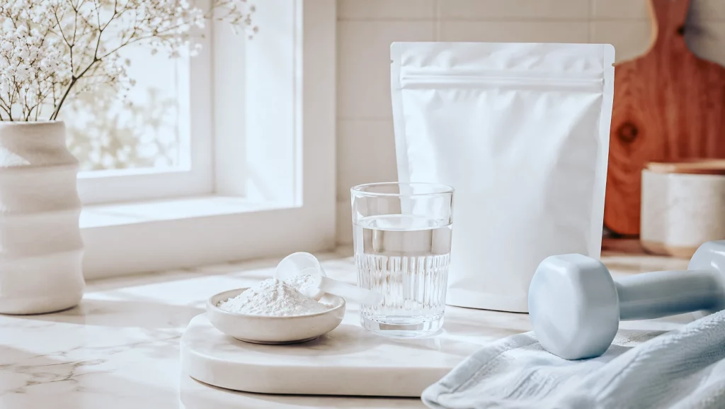 Sachet de creatine, coupelle de poudre, verre d'eau et petit haltere sur un plan de cuisine clair