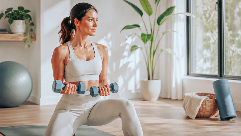 Femme en tenue de sport réalisant une fente avec des haltères dans un intérieur lumineux