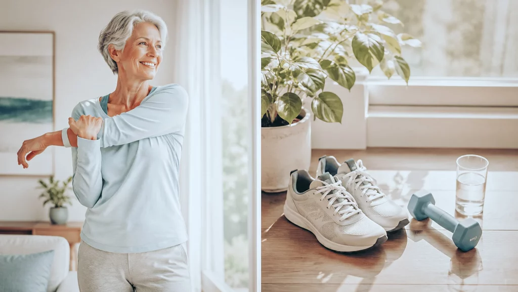 Femme active d'une soixantaine d'années s'étirant près d'une fenêtre, chaussures de marche et haltère