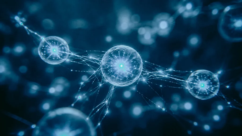 Réseau d'énergie cellulaire bleuté illustrant la recharge de l'ATP par la créatine