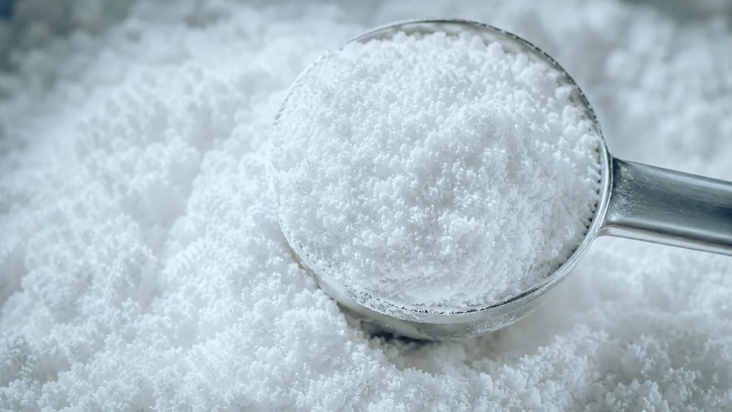 Gros plan sur la poudre de créatine monohydrate micronisée dans une dosette en inox