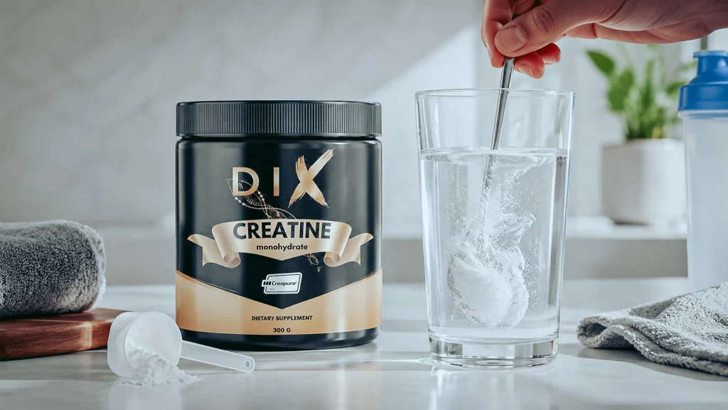 Créatine dissoute dans un grand verre d'eau, moment de la prise