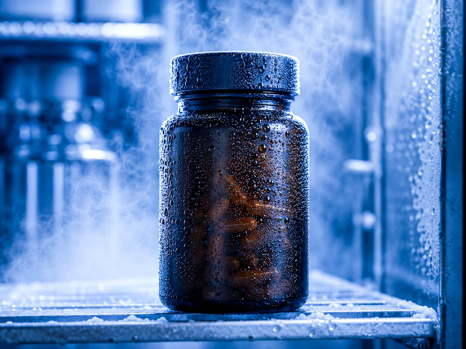 Flacon d'oméga 3 conservé au froid, en milieu humide et frais