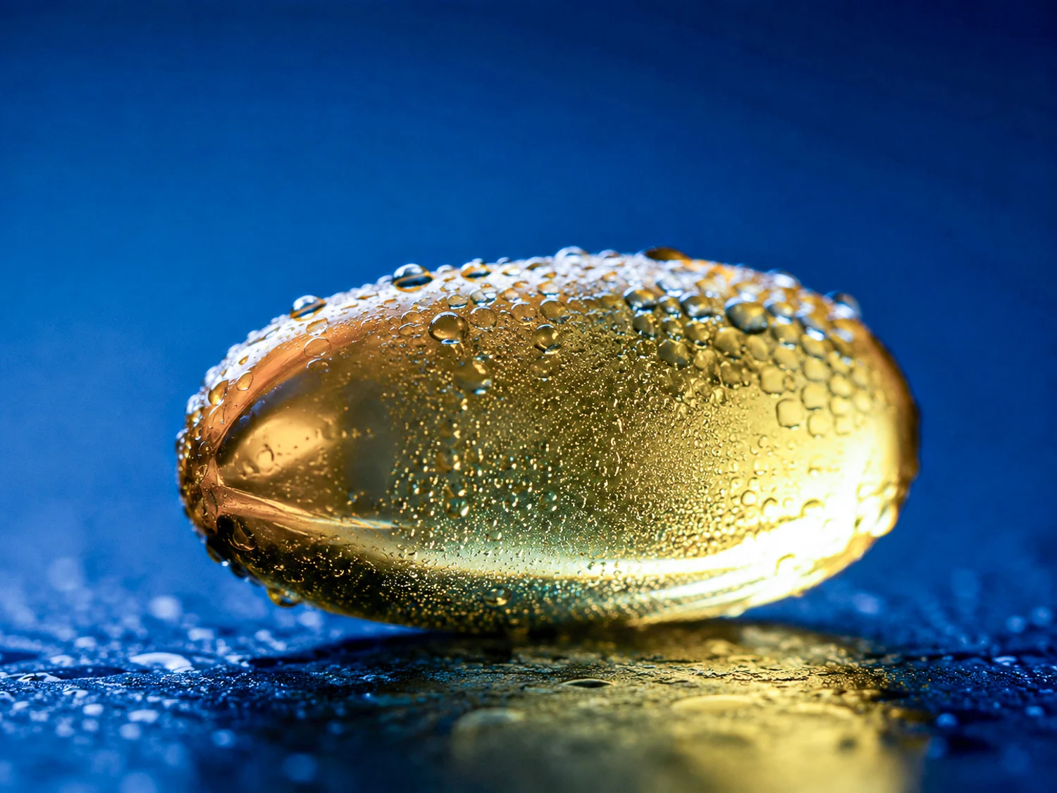 Gélule d'huile oméga 3 translucide sur fond bleu avec des gouttes d'eau