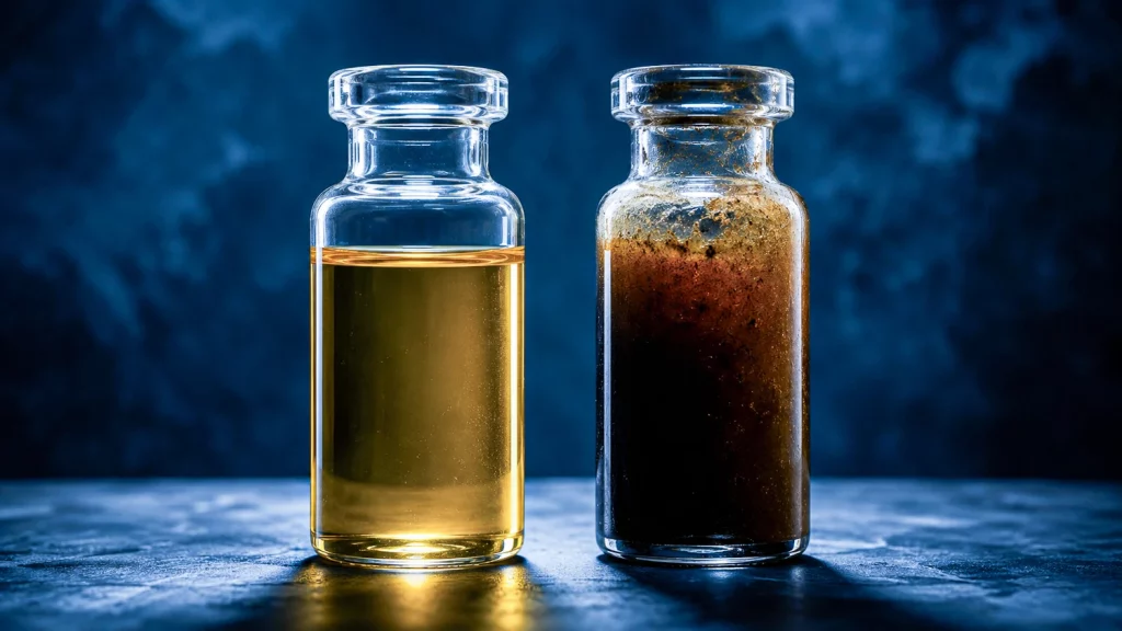 Flacons d'huile omega-3 : l'un clair, l'autre trouble. Idéal pour la santé et la nutrition sportive.