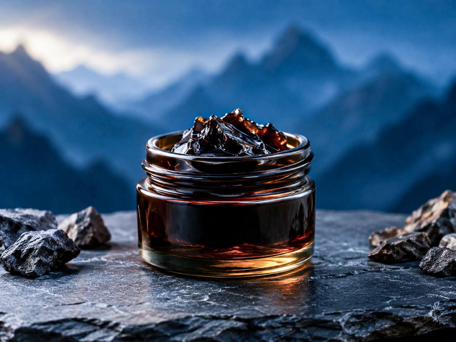 Pâte de shilajit dans un pot, posée sur une surface rocheuse avec un paysage montagneux en arrière-plan.