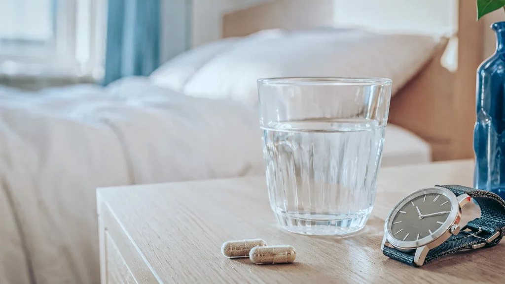 Zwei Tribulus-Kapseln neben einem Glas Wasser als Sinnbild der morgendlichen Einnahme