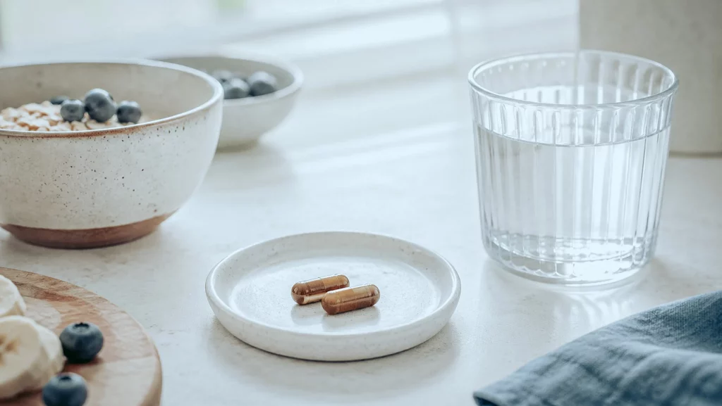 Deux gélules de Tribulus terrestris avec un verre d'eau et un petit-déjeuner, comment prendre le Tribulus