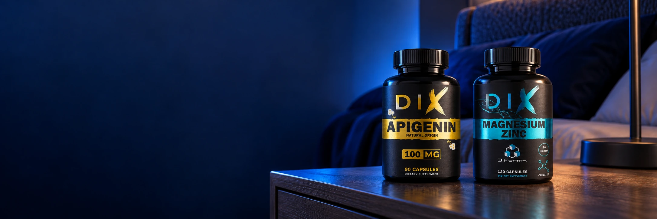 Flacons DIX Apigénine et Magnésium Zinc sur une table de chevet