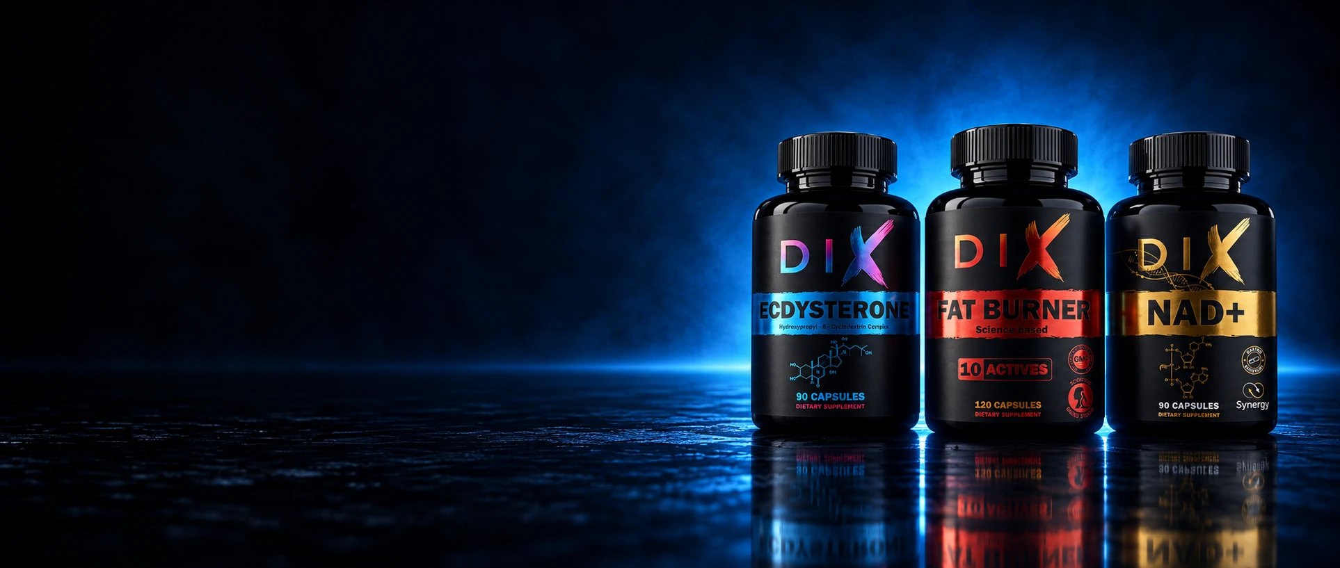 Flacons DIX Ecdystérone, Fat Burner et NAD+ sur un sol réfléchissant