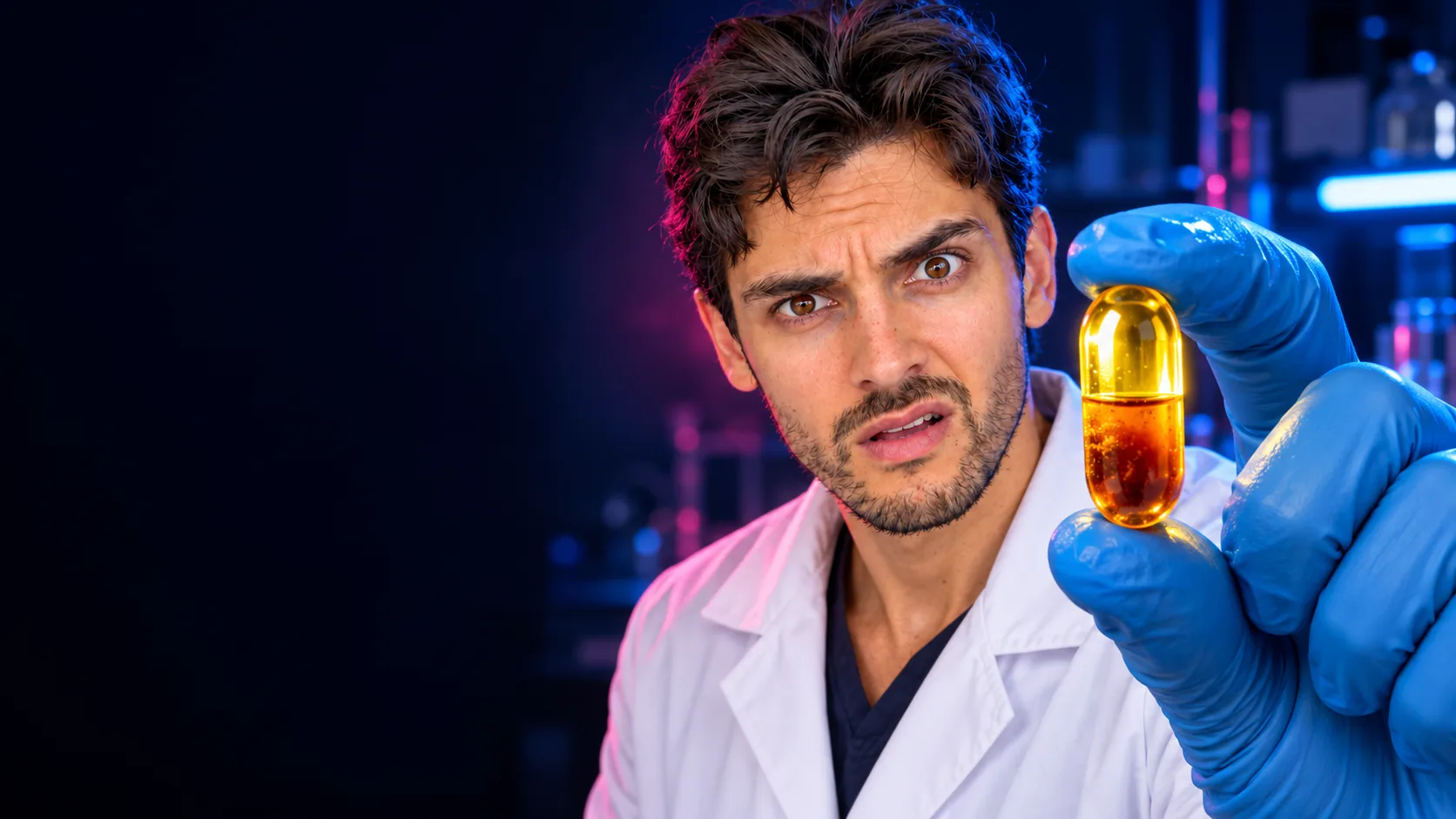 Cyril Certain en blouse de laboratoire tient une gélule d’oméga 3 à moitié dorée et à moitié oxydée (image générée).